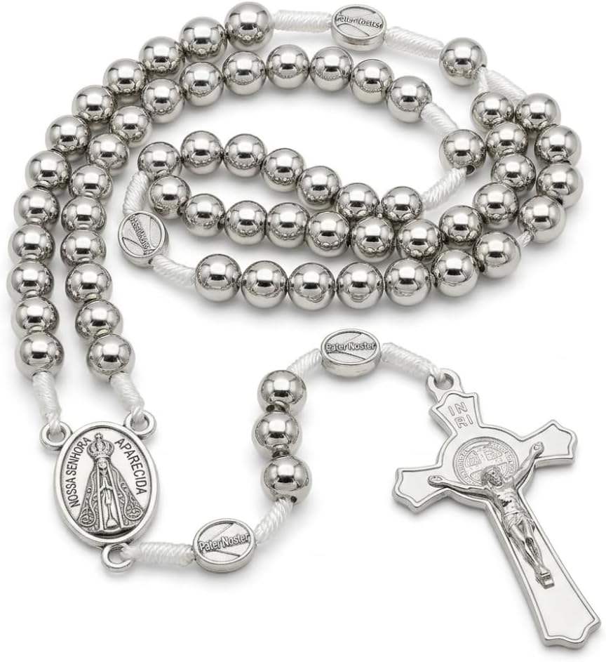 Terço Nossa Senhora Aparecida em Metal Prateado 42cm
