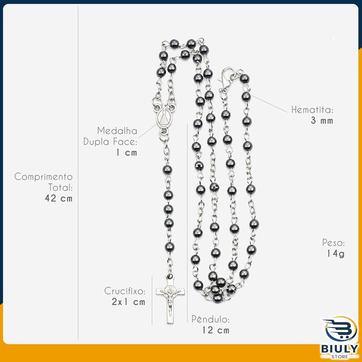 Terço Nossa Senhora Aparecida Hematita Prateado 41cm em Aço Inox – Rosario com Medalha e Crucifixo Dupla Face – Corrente em Inox com Garrafinha para Guardar 3 Terço Nossa Senhora Aparecida Hematita Prateado 41cm em Aço Inox – Rosario com Medalha e Crucifixo Dupla Face – Corrente em Inox com Garrafinha para Guardar - Imagem 3