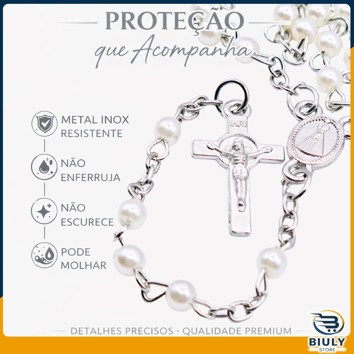 Terço Nossa Senhora Aparecida Pérolas Prateado em Aço Inox – Rosario com Medalha e Crucifixo Dupla Face – Corrente em Inox com Garrafinha para Guardar 2 Terço Nossa Senhora Aparecida Pérolas Prateado em Aço Inox – Rosario com Medalha e Crucifixo Dupla Face – Corrente em Inox com Garrafinha para Guardar - Imagem 2