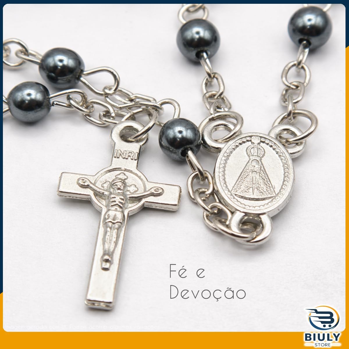 Terço Nossa Senhora Aparecida Hematita Prateado 41cm em Aço Inox – Rosario com Medalha e Crucifixo Dupla Face – Corrente em Inox com Garrafinha para Guardar 4 Terço Nossa Senhora Aparecida Hematita Prateado 41cm em Aço Inox – Rosario com Medalha e Crucifixo Dupla Face – Corrente em Inox com Garrafinha para Guardar - Imagem 4