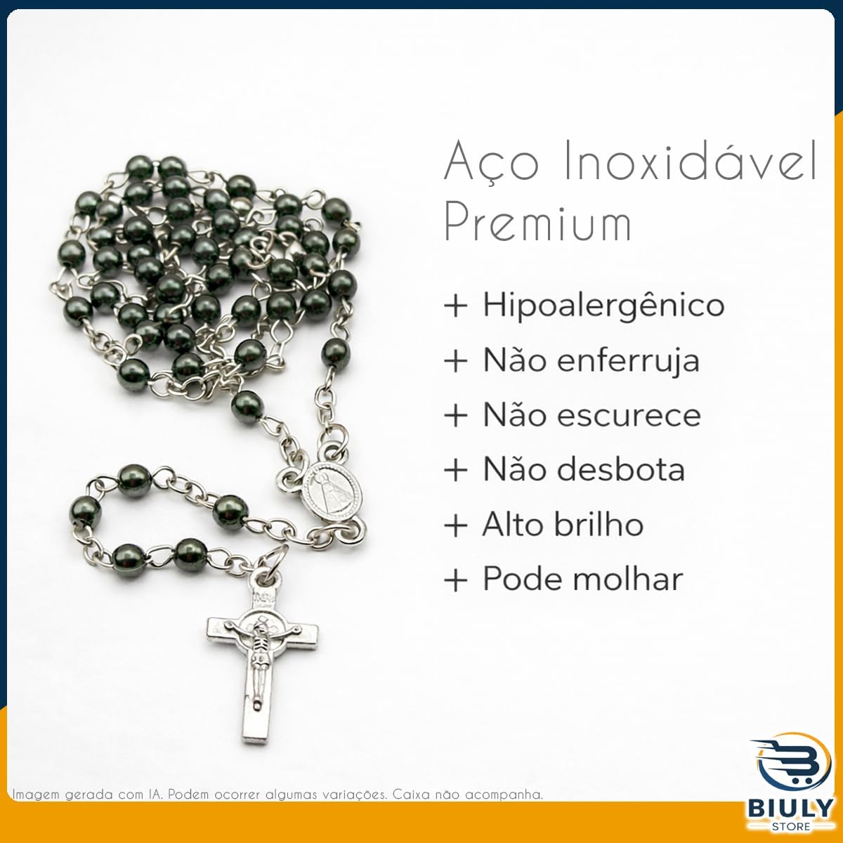 Terço Nossa Senhora Aparecida Hematita Prateado 41cm em Aço Inox – Rosario com Medalha e Crucifixo Dupla Face – Corrente em Inox com Garrafinha para Guardar 2 Terço Nossa Senhora Aparecida Hematita Prateado 41cm em Aço Inox – Rosario com Medalha e Crucifixo Dupla Face – Corrente em Inox com Garrafinha para Guardar - Imagem 2