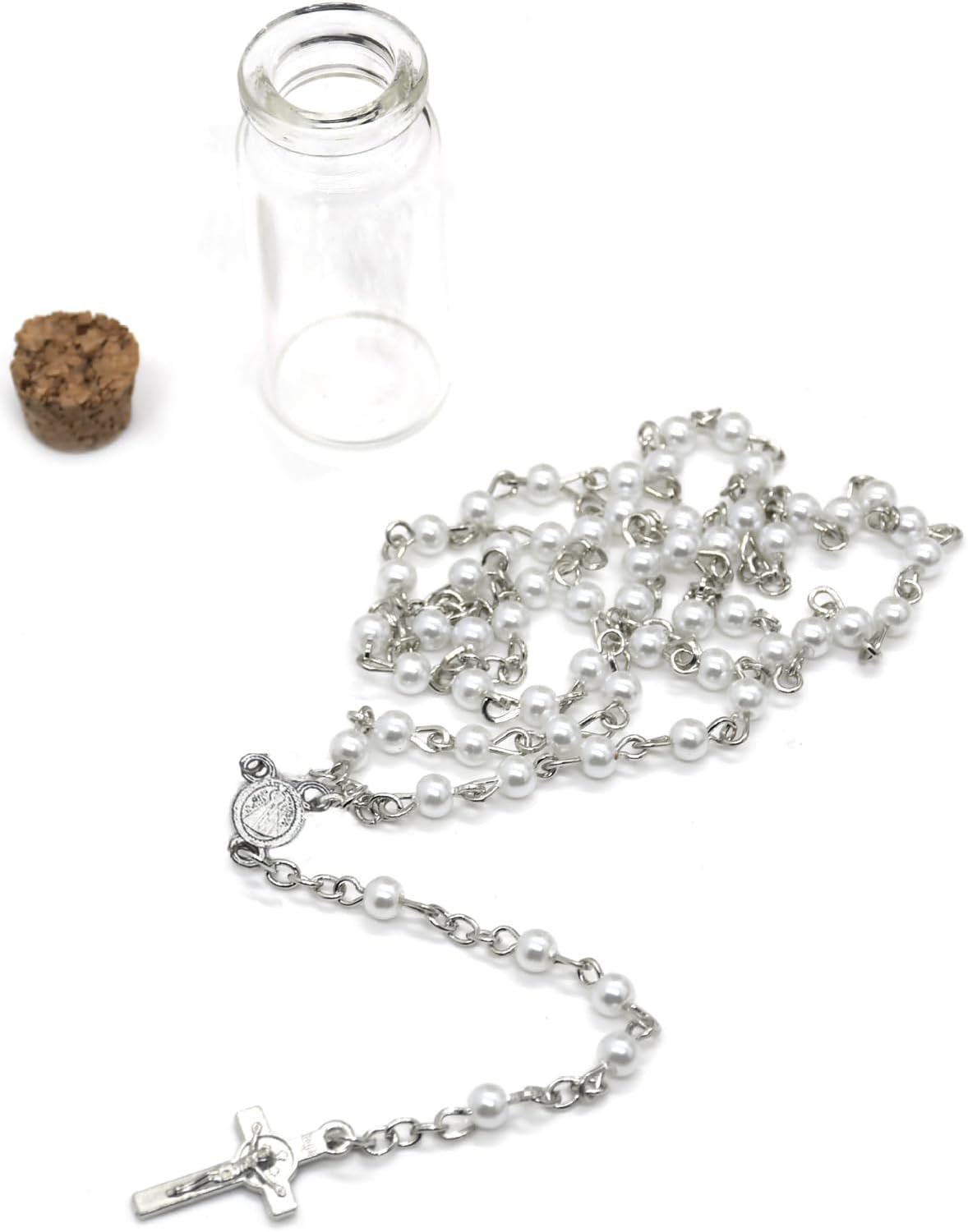 Terço Nossa Senhora Aparecida Pérolas Prateado em Aço Inox – Rosario com Medalha e Crucifixo Dupla Face – Corrente em Inox com Garrafinha para Guardar 1 Terço Nossa Senhora Aparecida Pérolas Prateado em Aço Inox – Rosario com Medalha e Crucifixo Dupla Face – Corrente em Inox com Garrafinha para Guardar