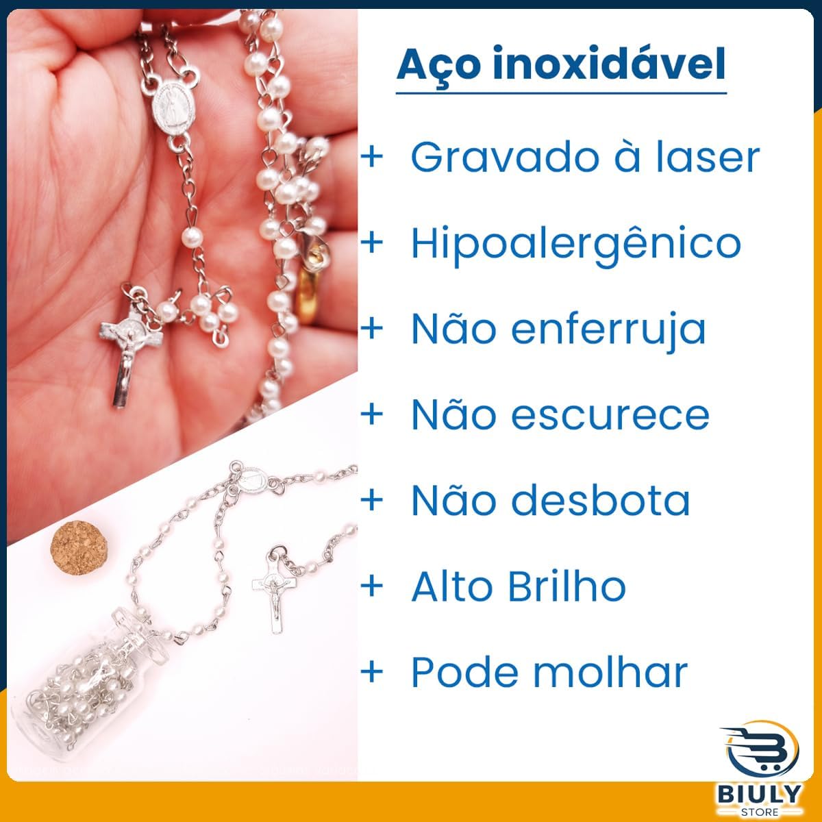 Terço Nossa Senhora Aparecida Pérolas Prateado em Aço Inox – Rosario com Medalha e Crucifixo Dupla Face – Corrente em Inox com Garrafinha para Guardar 4 Terço Nossa Senhora Aparecida Pérolas Prateado em Aço Inox – Rosario com Medalha e Crucifixo Dupla Face – Corrente em Inox com Garrafinha para Guardar - Imagem 4