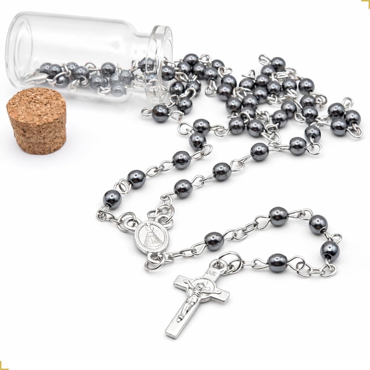 Terço Nossa Senhora Aparecida Hematita Prateado 41cm em Aço Inox – Rosario com Medalha e Crucifixo Dupla Face – Corrente em Inox com Garrafinha para Guardar 1 Terço Nossa Senhora Aparecida Hematita Prateado 41cm em Aço Inox – Rosario com Medalha e Crucifixo Dupla Face – Corrente em Inox com Garrafinha para Guardar