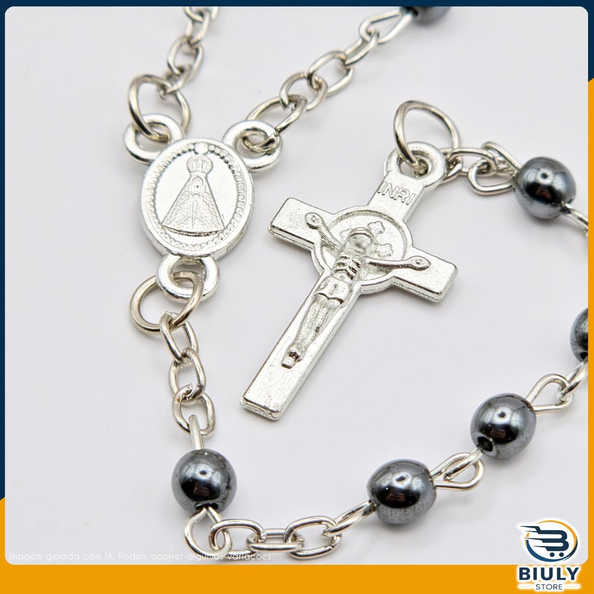 Terço Nossa Senhora Aparecida Hematita Prateado 41cm em Aço Inox – Rosario com Medalha e Crucifixo Dupla Face – Corrente em Inox com Garrafinha para Guardar 5 Terço Nossa Senhora Aparecida Hematita Prateado 41cm em Aço Inox – Rosario com Medalha e Crucifixo Dupla Face – Corrente em Inox com Garrafinha para Guardar - Imagem 5