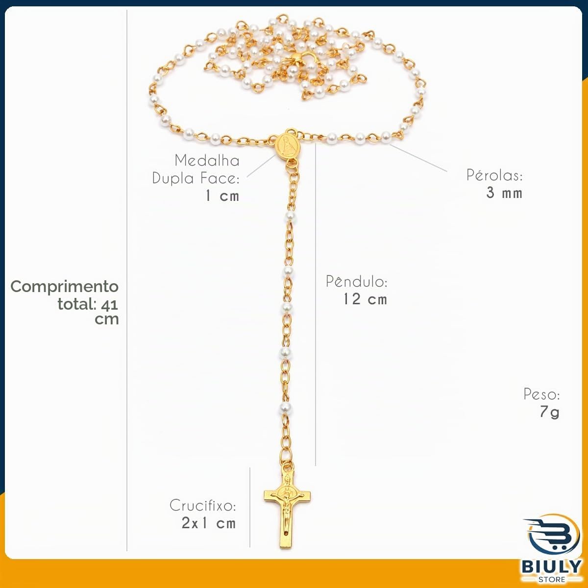 Terço Nossa Senhora Aparecida Pérola Dourado 41cm em Aço Inox – Rosario com Medalha e Crucifixo Dupla Face – com Garrafinha para Guardar 3 Terço Nossa Senhora Aparecida Pérola Dourado 41cm em Aço Inox – Rosario com Medalha e Crucifixo Dupla Face – com Garrafinha para Guardar - Imagem 3