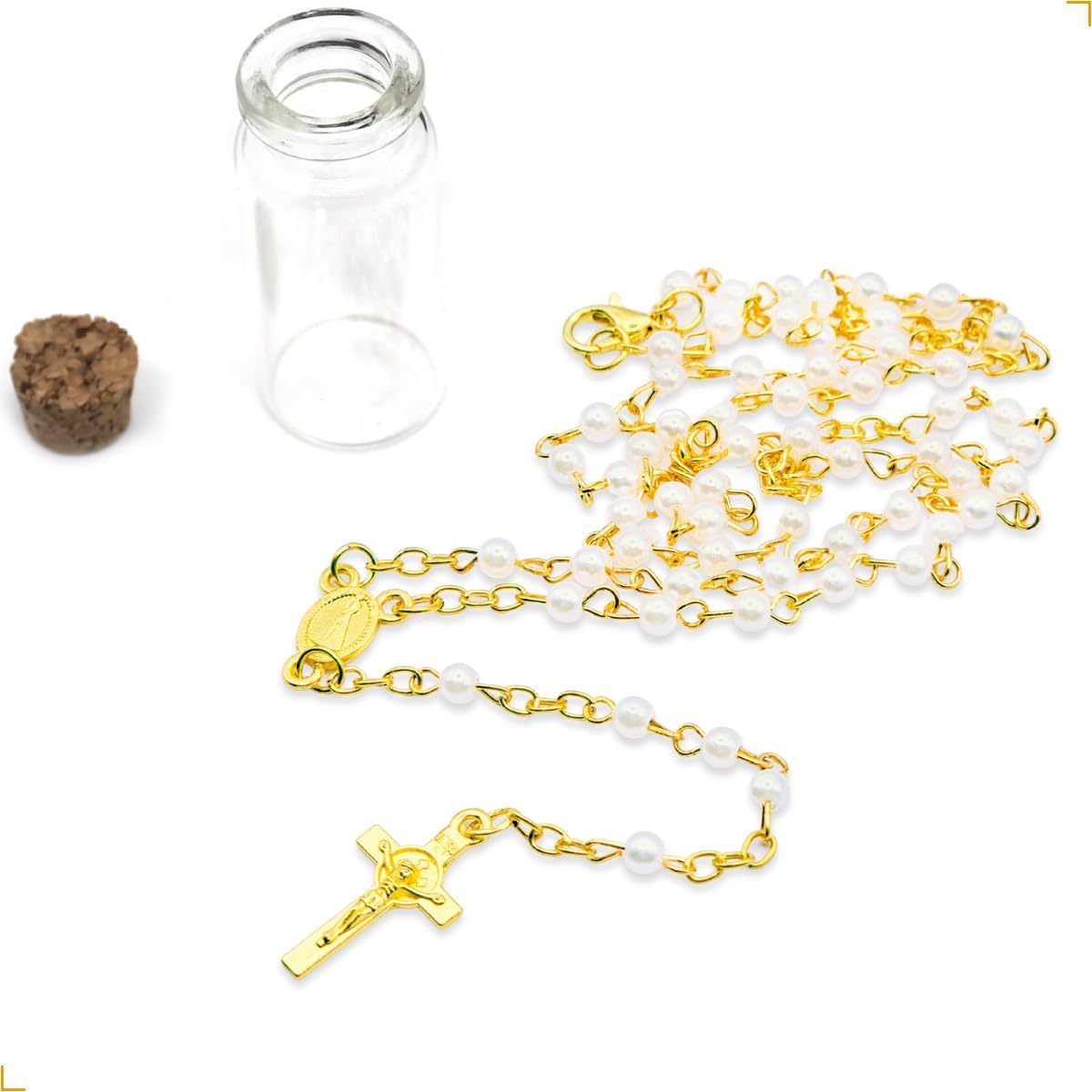 Terço Nossa Senhora Aparecida Pérola Dourado 41cm em Aço Inox – Rosario com Medalha e Crucifixo Dupla Face – com Garrafinha para Guardar 1 Terço Nossa Senhora Aparecida Pérola Dourado 41cm em Aço Inox – Rosario com Medalha e Crucifixo Dupla Face – com Garrafinha para Guardar