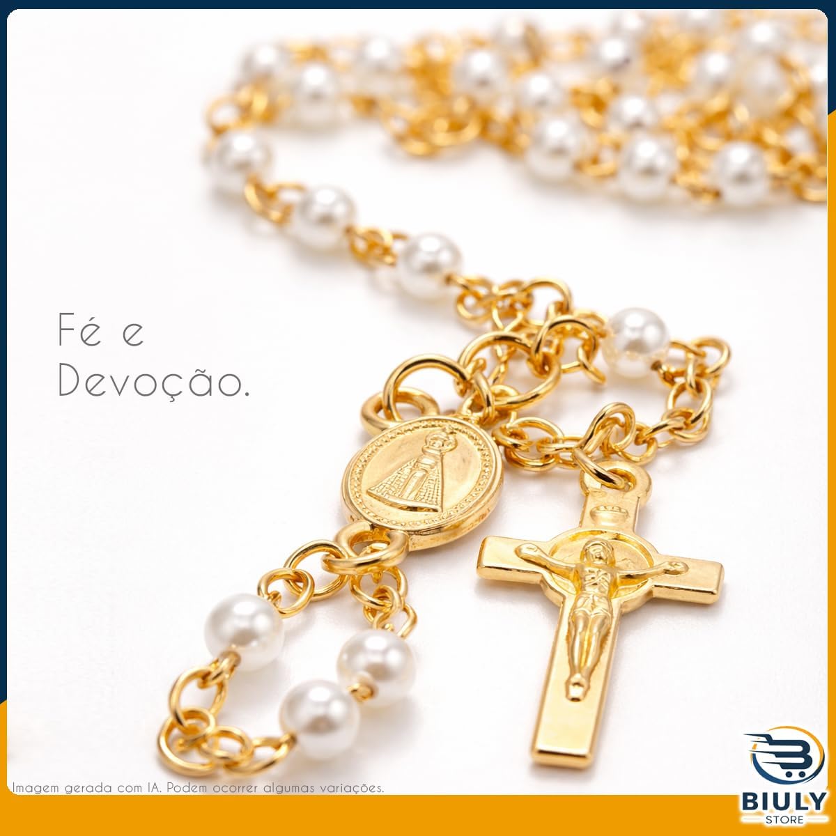Terço Nossa Senhora Aparecida Pérola Dourado 41cm em Aço Inox – Rosario com Medalha e Crucifixo Dupla Face – com Garrafinha para Guardar 4 Terço Nossa Senhora Aparecida Pérola Dourado 41cm em Aço Inox – Rosario com Medalha e Crucifixo Dupla Face – com Garrafinha para Guardar - Imagem 4
