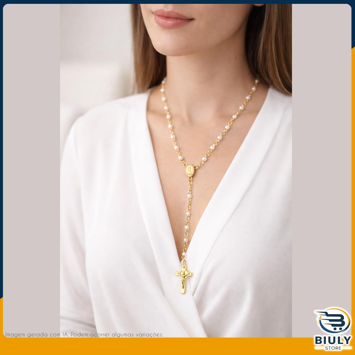 Terço Nossa Senhora Aparecida Pérola Dourado 41cm em Aço Inox – Rosario com Medalha e Crucifixo Dupla Face – com Garrafinha para Guardar 5 Terço Nossa Senhora Aparecida Pérola Dourado 41cm em Aço Inox – Rosario com Medalha e Crucifixo Dupla Face – com Garrafinha para Guardar - Imagem 5
