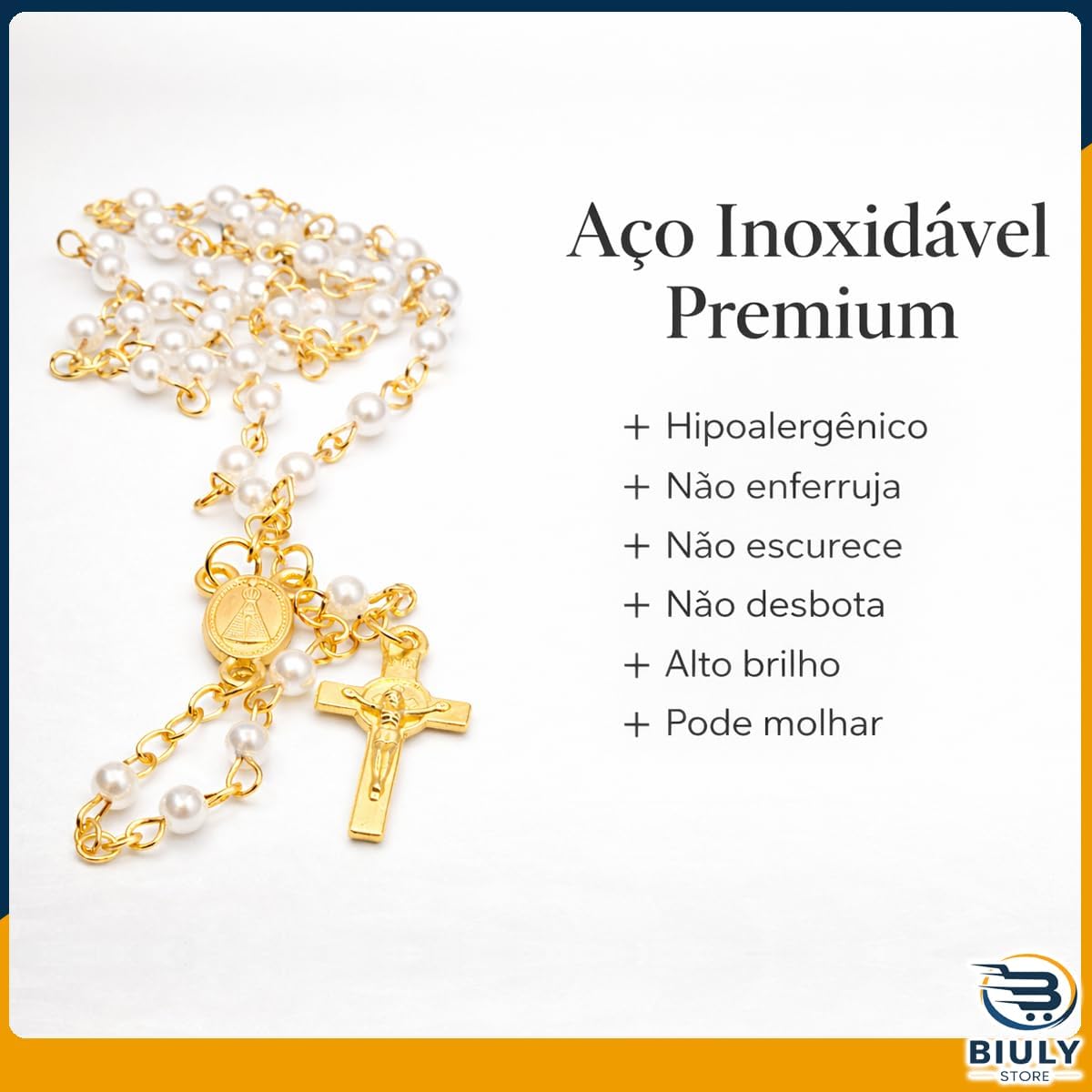 Terço Nossa Senhora Aparecida Pérola Dourado 41cm em Aço Inox – Rosario com Medalha e Crucifixo Dupla Face – com Garrafinha para Guardar 2 Terço Nossa Senhora Aparecida Pérola Dourado 41cm em Aço Inox – Rosario com Medalha e Crucifixo Dupla Face – com Garrafinha para Guardar - Imagem 2