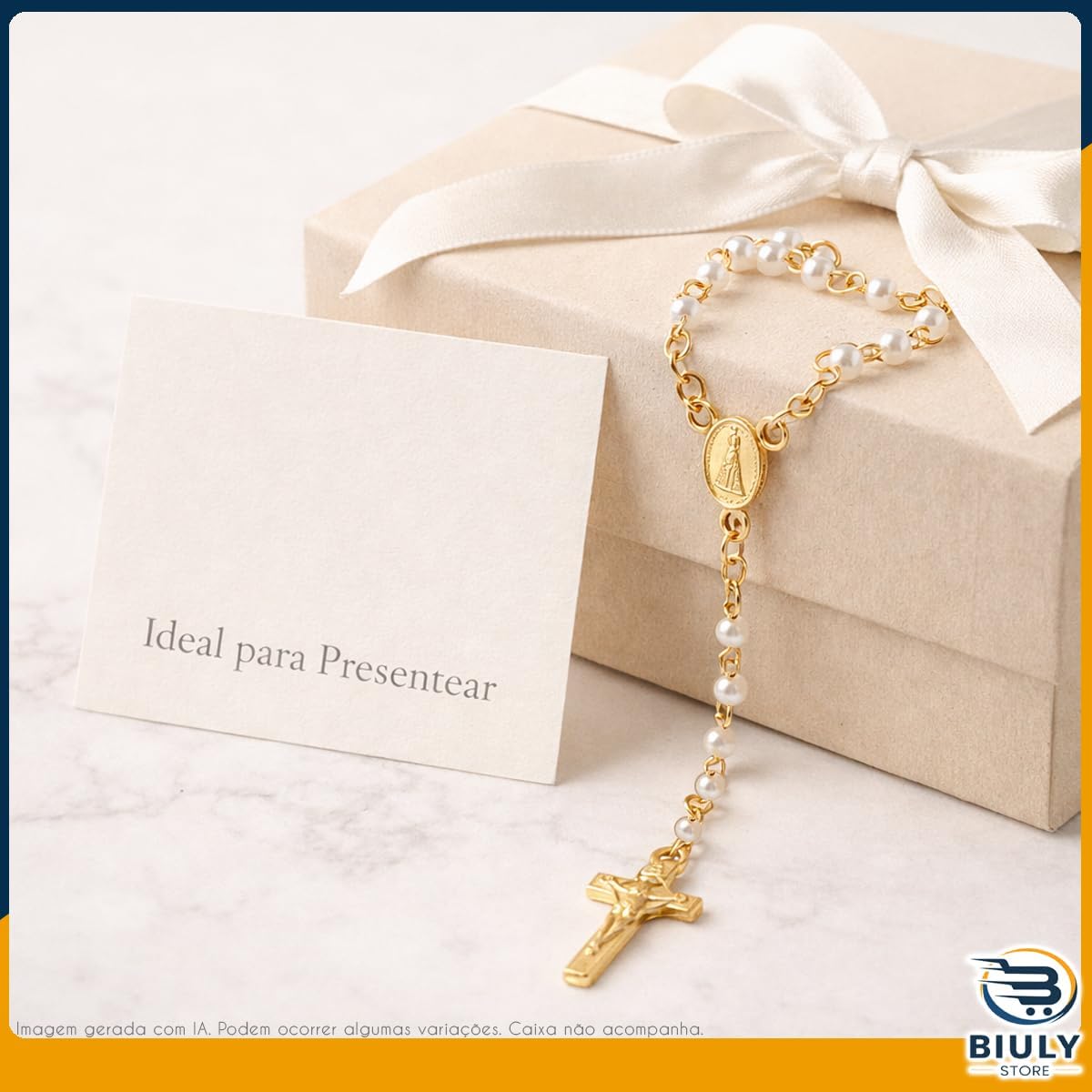 Terço Nossa Senhora Aparecida Pérola Dourado 41cm em Aço Inox – Rosario com Medalha e Crucifixo Dupla Face – com Garrafinha para Guardar 6 Terço Nossa Senhora Aparecida Pérola Dourado 41cm em Aço Inox – Rosario com Medalha e Crucifixo Dupla Face – com Garrafinha para Guardar - Imagem 6