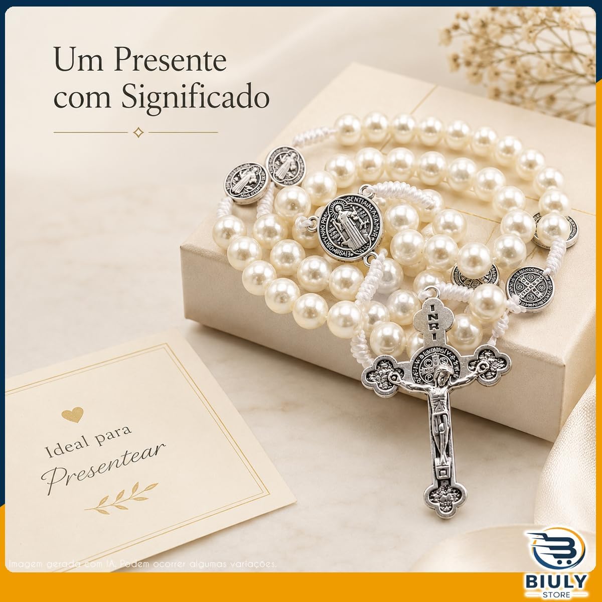 Terço São Bento Pérola Branca Grande 47cm - Aço Inox 5 Terço São Bento Pérola Branca Grande 47cm - Aço Inox - Imagem 5
